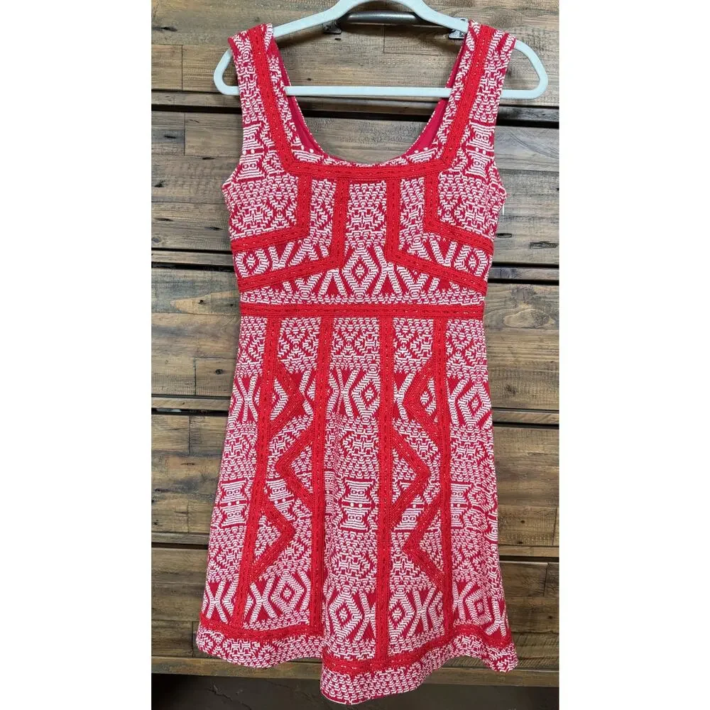 Maeve Dress Women's US 8 Red White Sleeveless Fit Flare Geometric Textured Zip - Picture 1 of 8